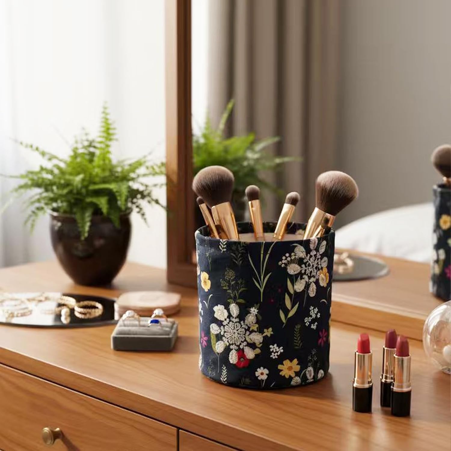 HAUSFRAU Decorative Storage Basket Makeup Brush Pencil Holder for Desk Shelves Vanity, Small Round Card Key Jewelry Organizer Box, Gift for Mom, Wife, Girlfriend, 6" Embroidery Blue Cosmos