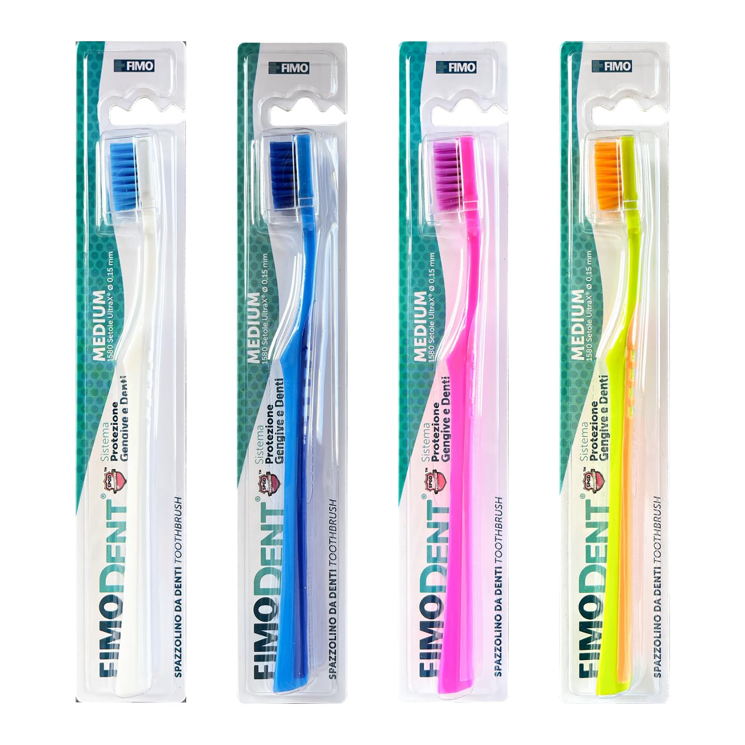 Fimodent Medium Toothbrush with Gums and Teeth Protection System – Equipped with 1509 UltraX Bristles with Medium Hardness Delicate on Gums and Enamel – 4 Toothbrushes in Assorted Colours
