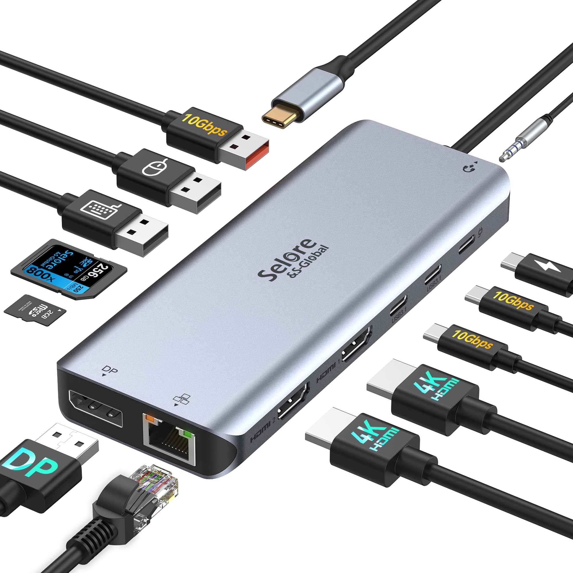 Stations d'accueil USB C Double Moniteur Docking Station, 13 en 1 Dock USB C Dual HDMI, HUB Macbook Pro, DisplayPort, USB 3.2 Gen 2, PD 100W, RJ45, Audio, HUB USB C 2HDMI pour HP Dell PC Portable