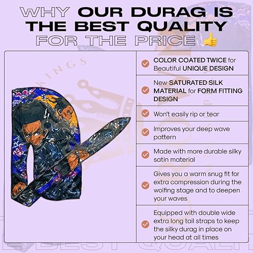 Miniatura 2 de Art Silky Durag con colas largas y anchas, durags de tela de seda suave satinada para mayor comodidad y compresión