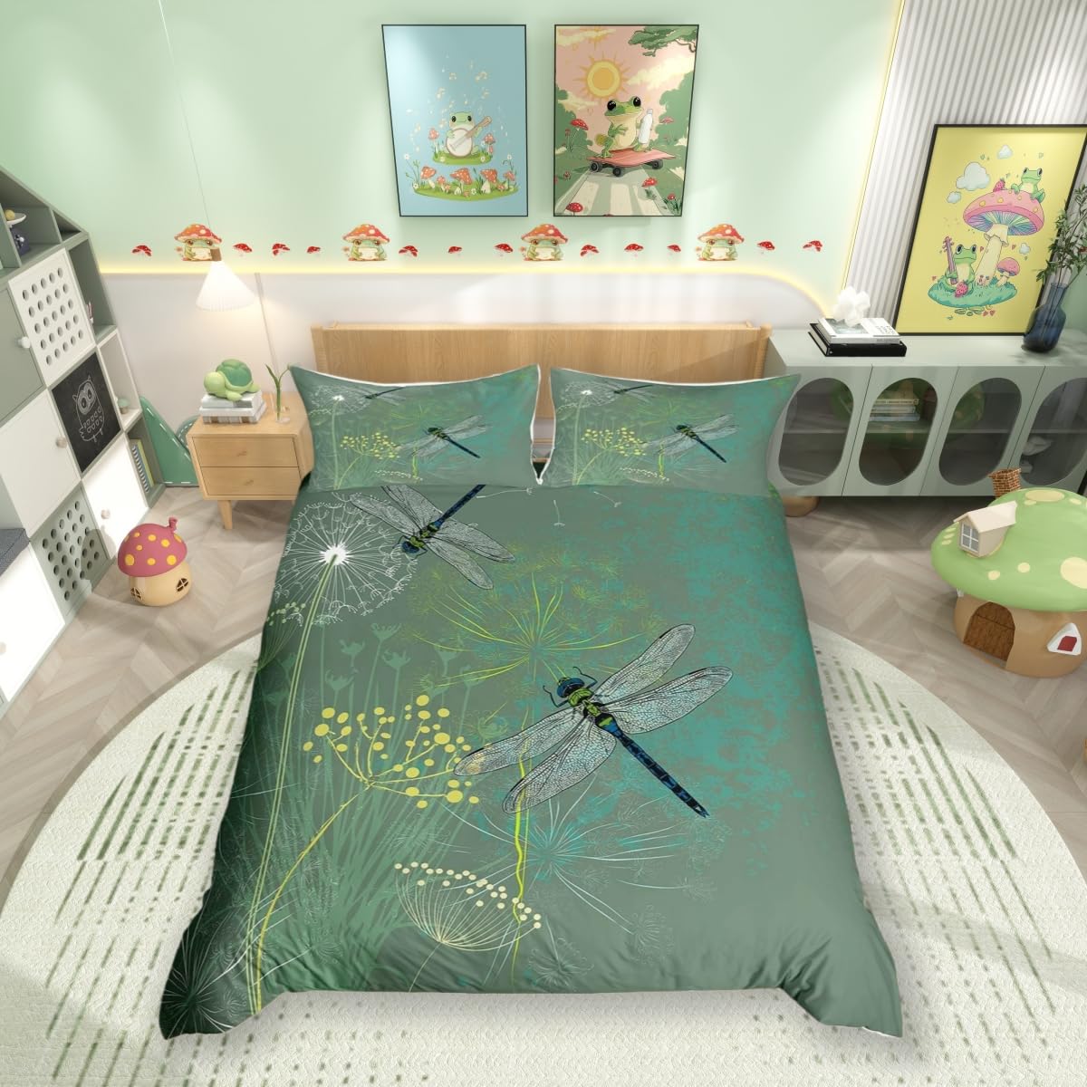 feelingyou Dragonfly Duvet Cover King Size,Dandelion Floral Comforter Cover for Kids Teens Adults Bedroom Decor,Nature Animals Botanical Breathable Bedding Set 2 Pillowcases,No Comforter