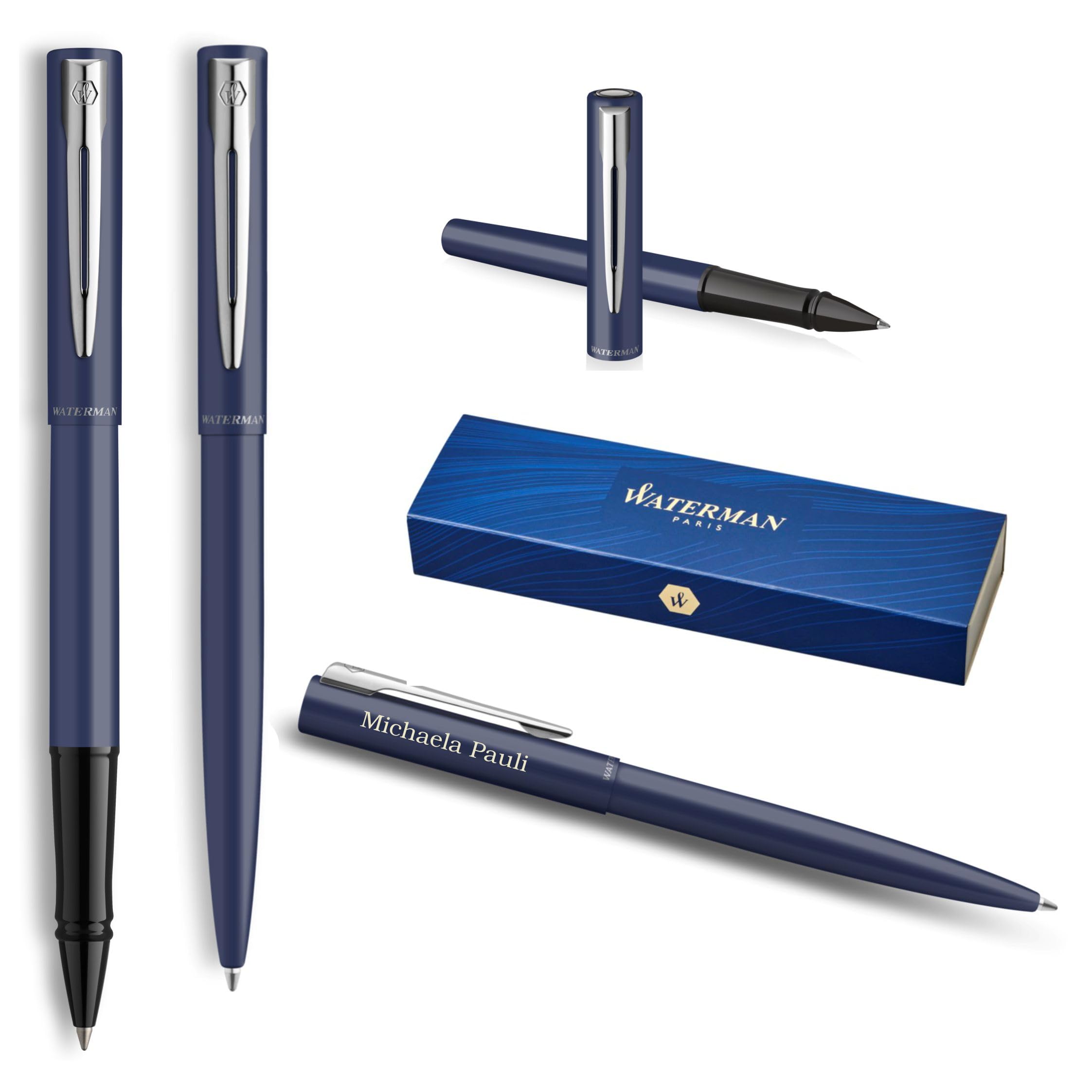 Waterman Allure - Juego de bolígrafos y bolígrafos personalizados con grabado, juego de instrumentos de escritura de lujo en negro, regalo elegante para hombre y mujer (Blue C.T.)
