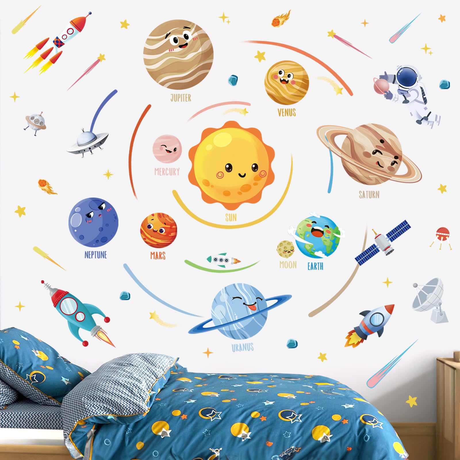 wondever Solar System Planet Wall Stickers Outer Space Astronaut Peel and Stick Wall Art Decals for Baby Nursery Kids Bedroom