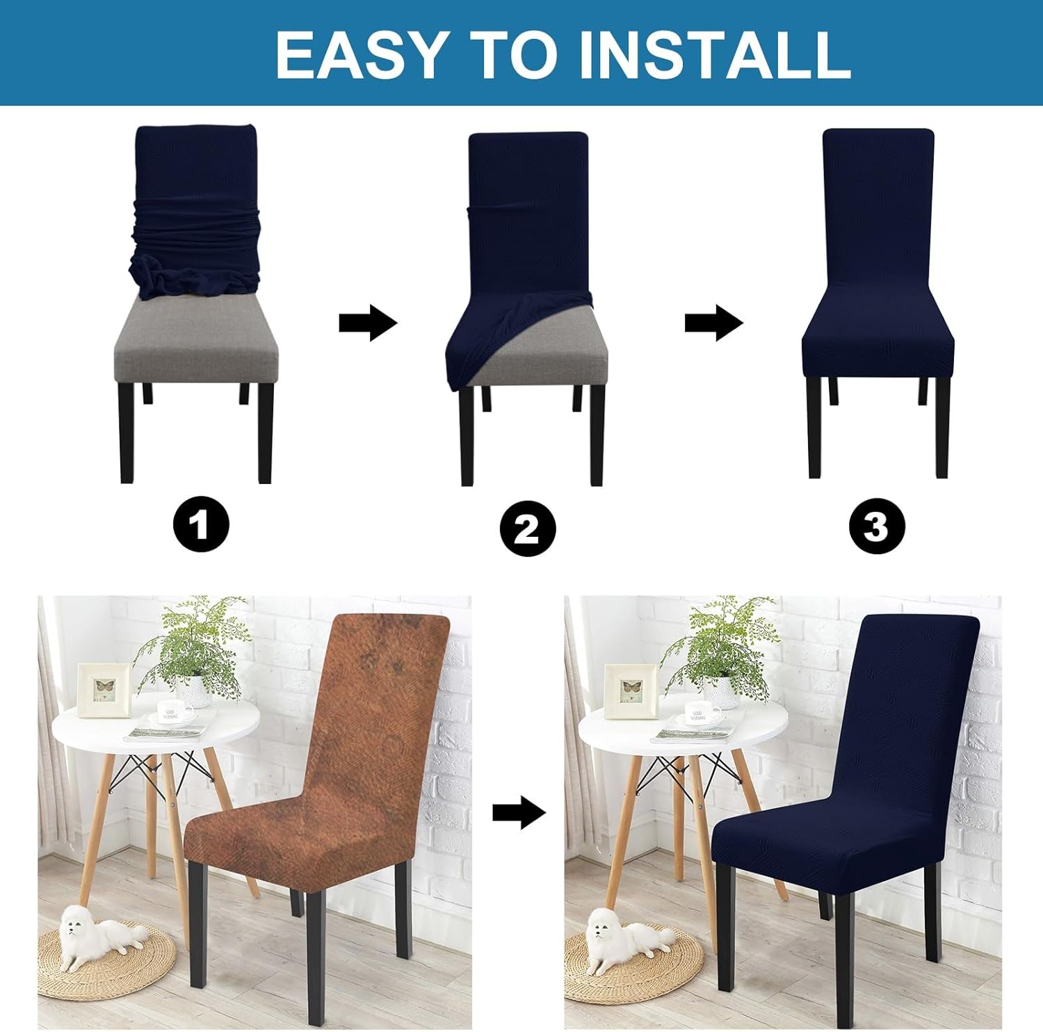 Dining Chairs Cover Set of 6,Chair Covers for Dining Room Stretch Parson Chair Slipcovers Removable Washable Kitchen Chairs Seat Covers,Navy Blue