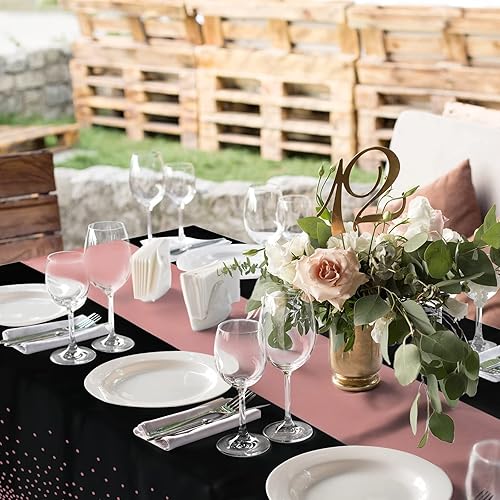 Miniatura 6 de Juego de 8 manteles de plástico desechables y camino de mesa de satén, mantel de punto negro y oro rosa, camino de mesa de satén dorado para boda,