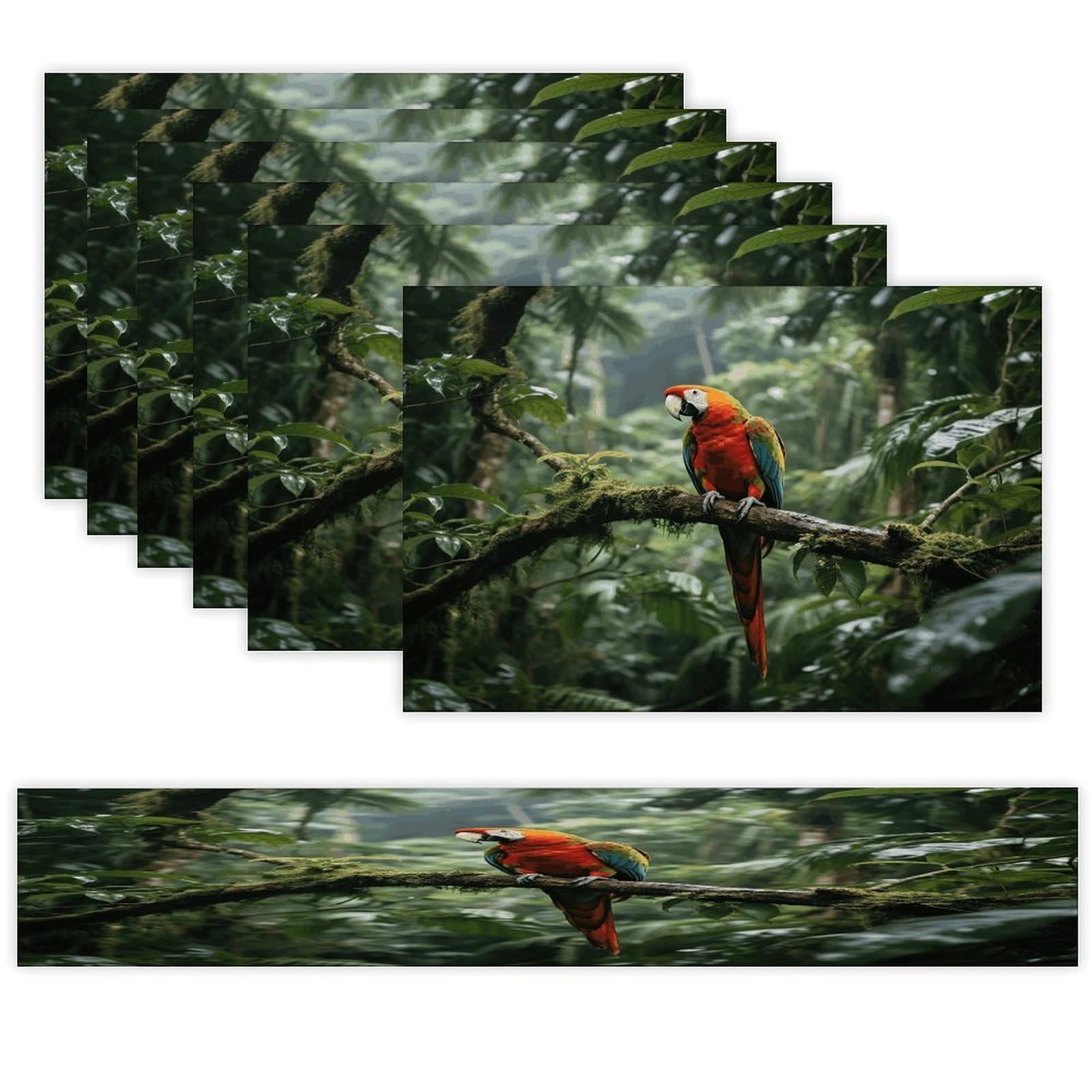 Parrot_Rainforest Placemats Set of 7 Exquisite Linen Table Mat Seven Piece Set Includes 13"x71" Fashion Table Runner and 12"x18" Place Mat Decor for Kitchen Dining Room
