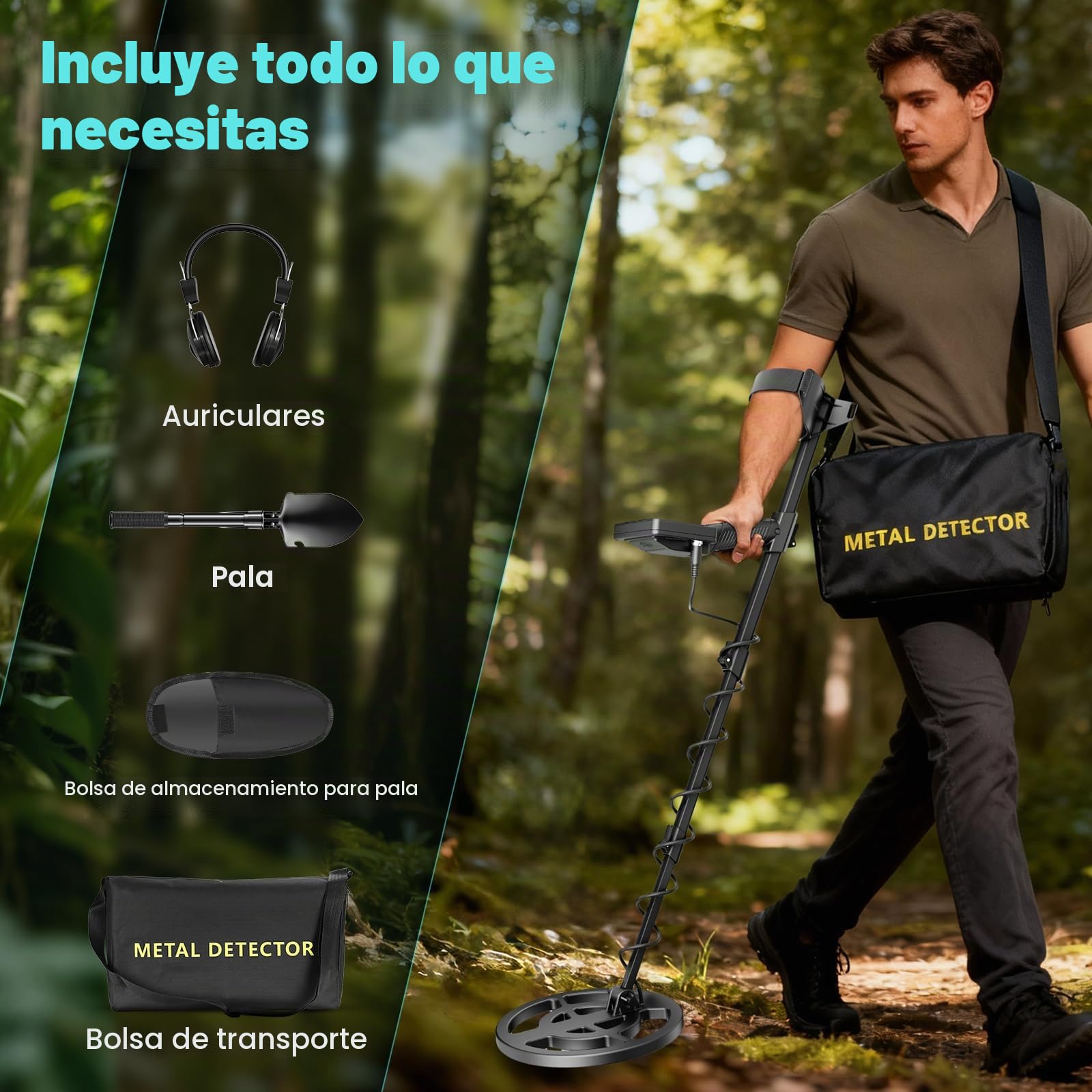 Detector de Metales Profesional con 2 baterías, 5 Modos Detectores de Metales para Adultos y niños, IP68 Impermeable Bobina de búsqueda de 26 cm con Pantalla LCD, Auriculares(Azul Verdoso)
