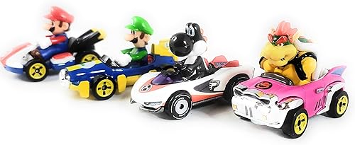 Hot Wheels Mariokart - Paquete de 4 unidades exclusivo de Yoshi P-Wing Mario Bowser Luigi