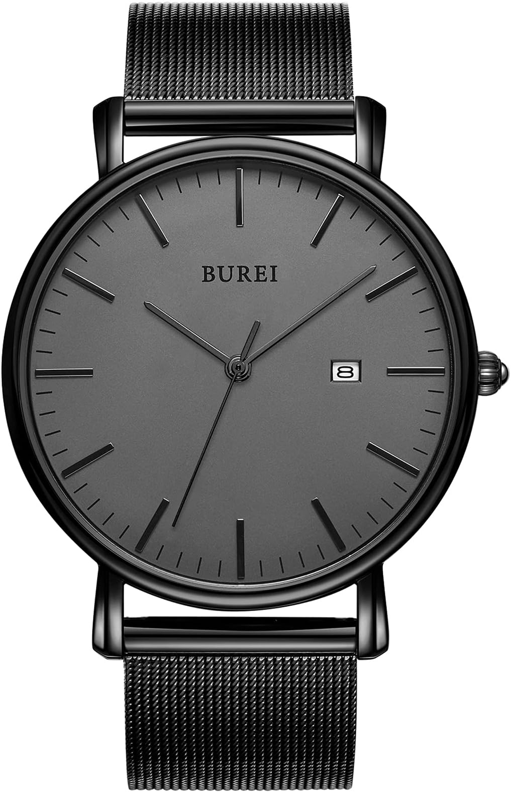 BUREI Men's Watch Simple Waterproof Analog Popular Brand Stylish Men's Milanese Mesh Belt Watch, black grey, Bracelet Type