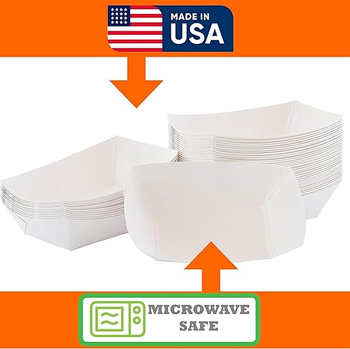 Miniatura 4 de Bandejas de papel para alimentos, botes blancos lisos. Mediano (2.5 libras). Paquete de 50 botes desechables y reciclables. Para condimentos,