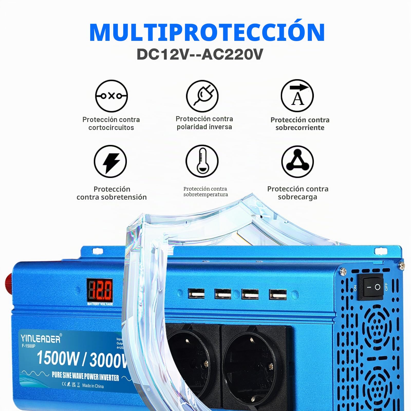 Yinleader Inversor de Corriente 12V 230V 1500W / 3000W 2 LED | 2 enchufes 4 USB