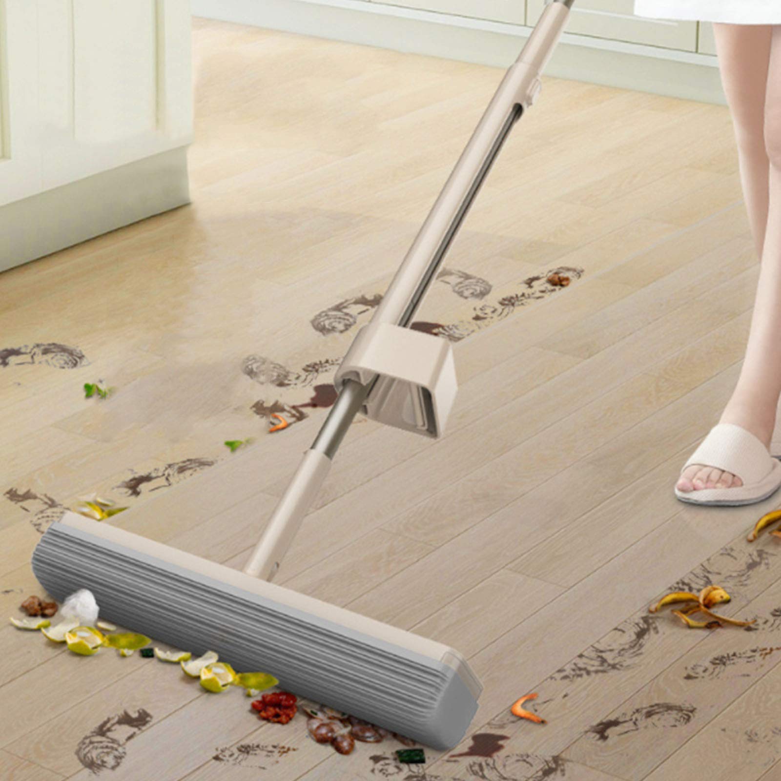 Algodón Caucho Fregona, Esponja De MOP Puede Ser Ajustable 180 °, Manos Libres Squeeze Fregona Del Hogar Con Sustitución De La Cabeza, Reutilizables Mopa De Microfibra Para Limpieza Del Piso,Caqui