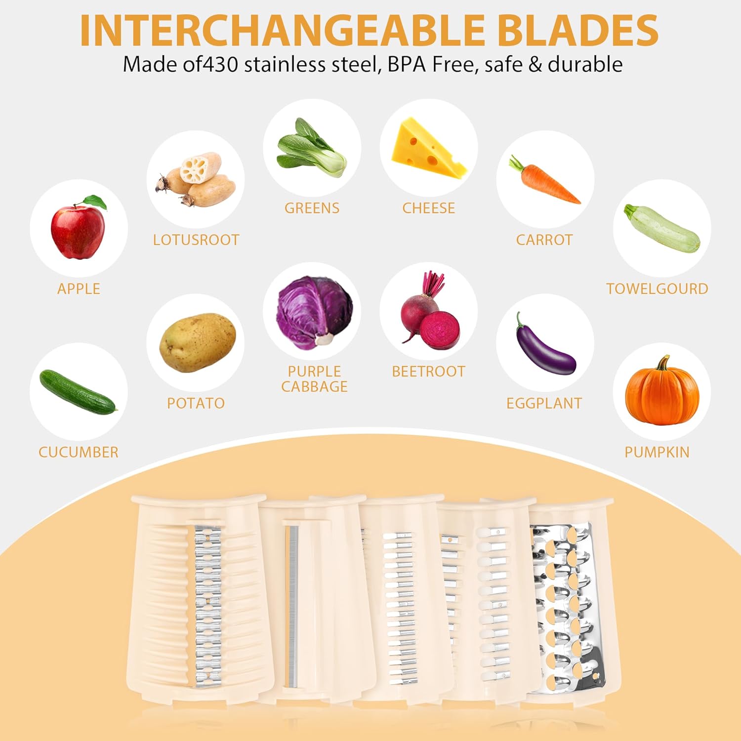 Pukomc Rotary Cheese Grater with Handle- 5 Blades, Suction Base, Mandoline Slicer & Veg Shredder with Blade Storage Box(Beige)