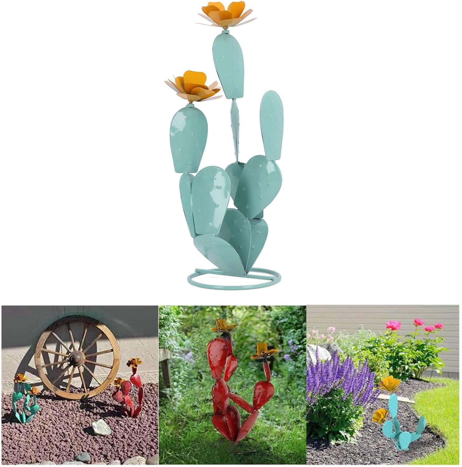 PerGar Prickly Pear Cactus Statue, Metal Iron Art Cactus Decor, Desert Yard Art, Modern Style, Glossy Finish, Sturdy Construction, Lifelike Design, Includes Flower Accessories