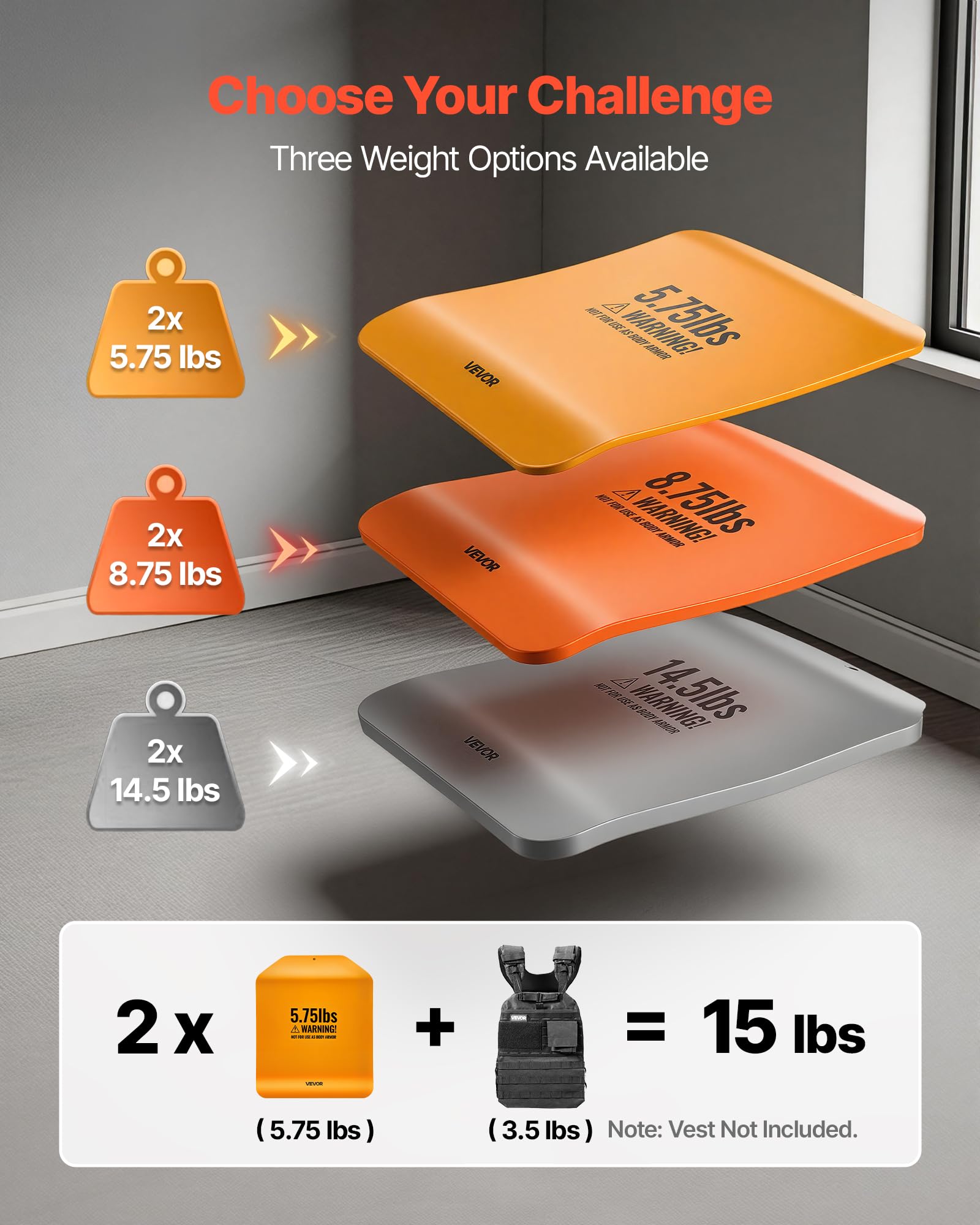 VEVOR Plaque pour Gilet Lesté, Plaques de Lestage Incurvées 2PCs Total 5,1 kg, pour Course Jogging Randonnée Entraînement Croisé Fitness Musculation, Poids pour Veste Lestée en Acier, Gilet Non Inclus