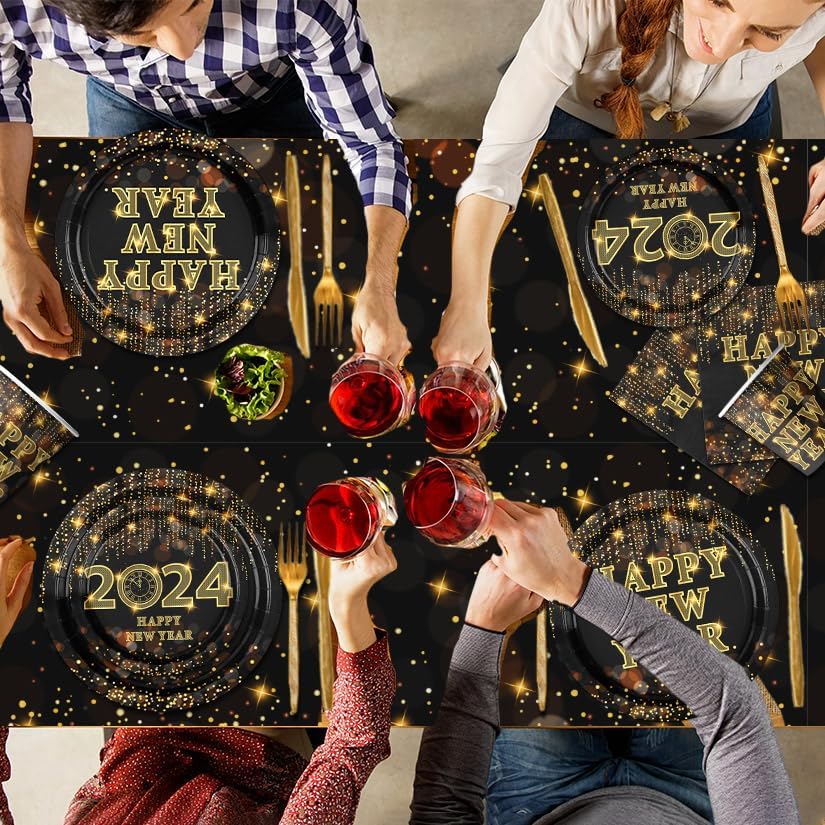 Miniatura 5 de Vajilla para decoración de fiesta de Año Nuevo, 142 piezas de platos desechables dorados y negros de Feliz Año Nuevo 2024, platos, tazas,