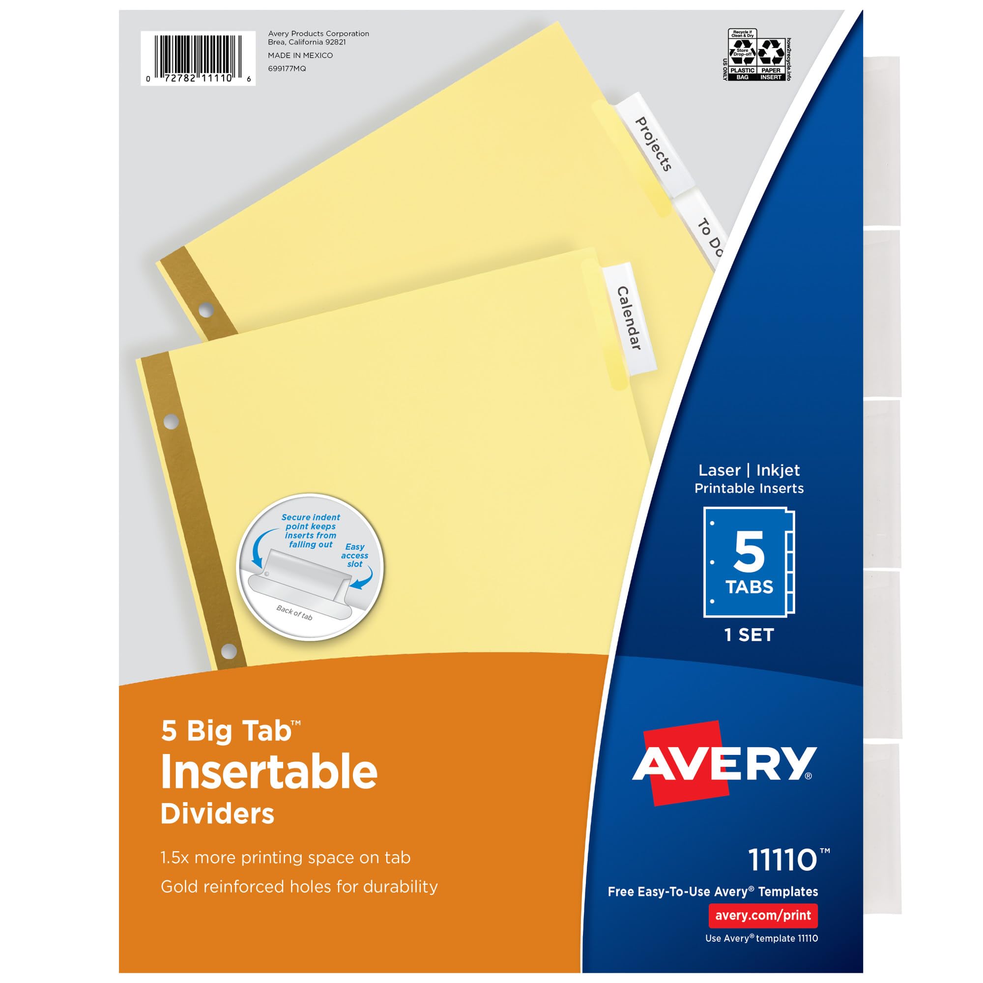 Avery Insertable Dividers for 3 Ring Binder, 5-Tab Set, Clear Big Tabs, Buff Paper with Gold-Reinforced, 1 Set, Great for Organizing Projects, Reports, Finances, and More (11110)