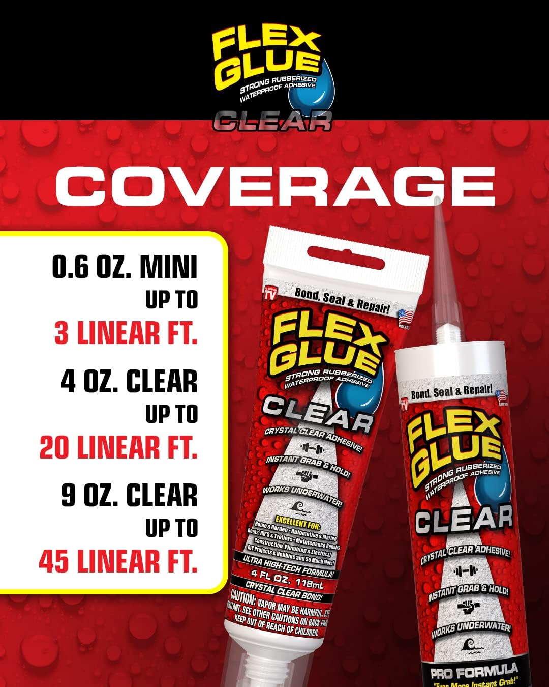 Flex Glue, Mini, Clear, Super Strong, Transparent, Rubberized Waterproof Adhesive, Works Underwater, Use on Pools, Showers, Outdoors, Concrete, Brick, Pavers, Masonry, UV Resistant