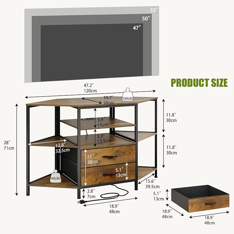 Corner TV Stand for 55 Inch TV with Drawers, Brown image 2