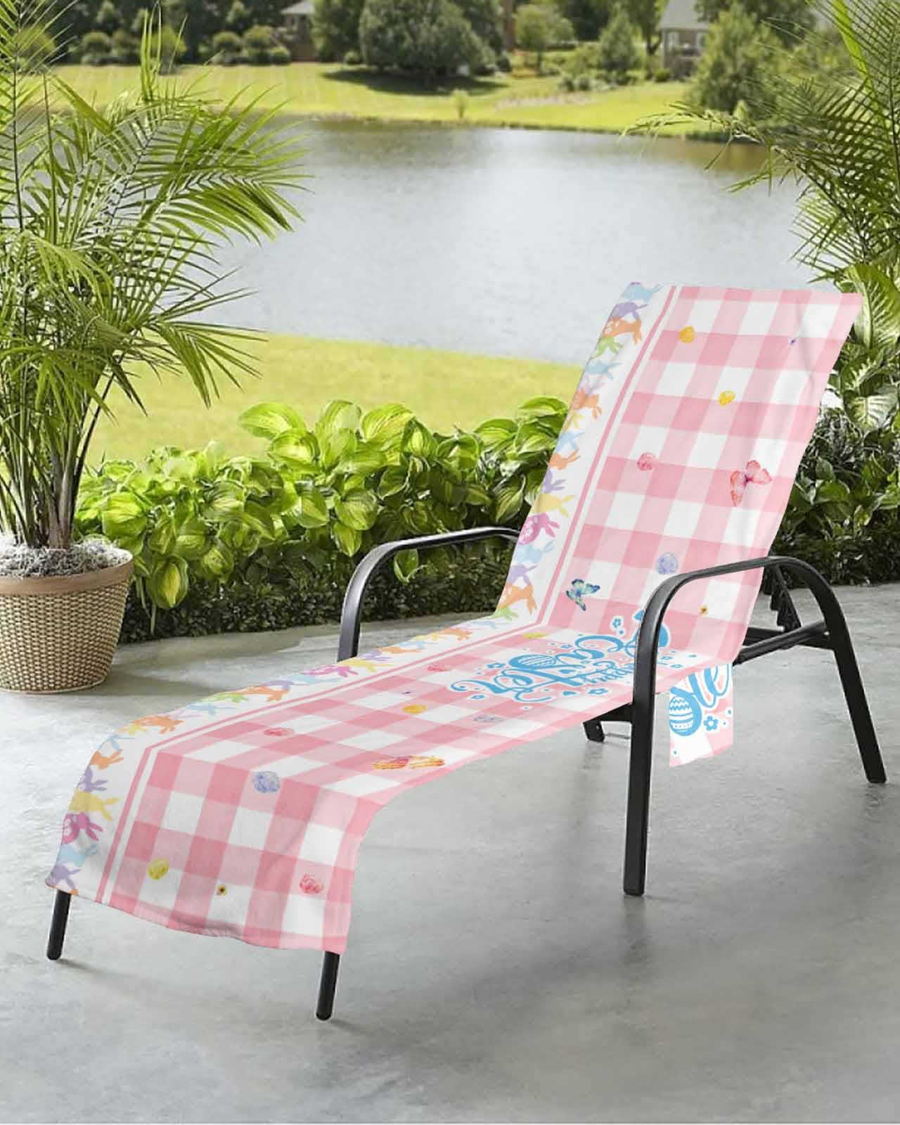 Easter Buffalo Plaid Check Beach Chair Towel Covers for Chaise Lounge with Side Pocket, Soft Plush Pool Towels Cover for Patio Sunbathing Outdoor 29''x85'' Pink Lattice Easter Eggs Rabbit