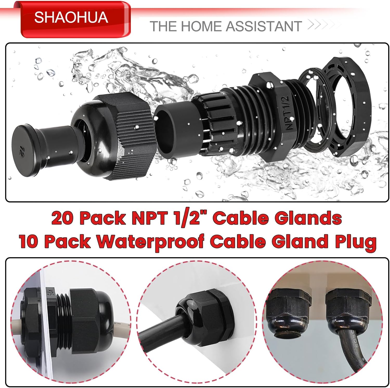 30PCS 1/2" NPT Cable Gland, IP68 Waterproof Adjustable Strain Relief Cord Connector Diameter 6-12mm, 20PCS Cord Grips w/10PCS Top Hat Rubber Grommets, Waterproof Electrical Connectors with Gaskets