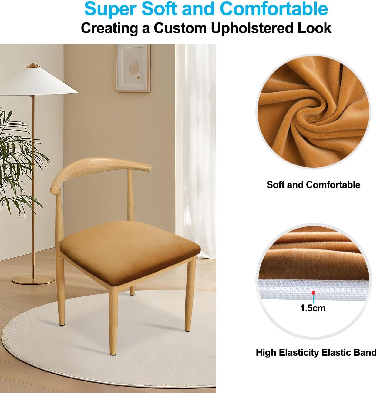 Velvet Seat Covers for Dining Room Chair 35-50cm/14-19 Seat Cover Velvet Luxury Fabrics Super Stretchy and Soft and Beautiful, Washable, Dustproof (4, Khaki)