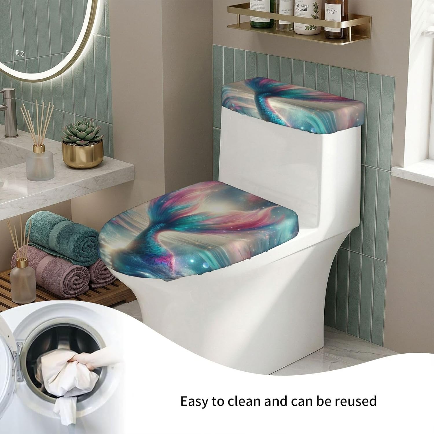 Mermaid-Tail-Cosmic-Sky Toilet Lid Cover And Tank Cover Set Of 2, Stretch Soft Reusable Bathroom Toilet Seat Covers image 5