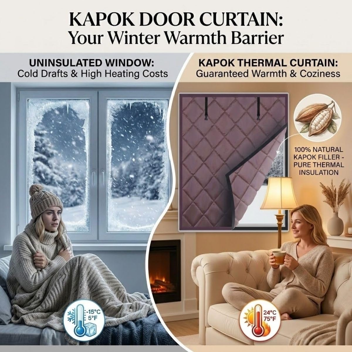 Rideau Thermique Coton, Rideau Occultant Fenêtre, Isolant Froid Chaleur