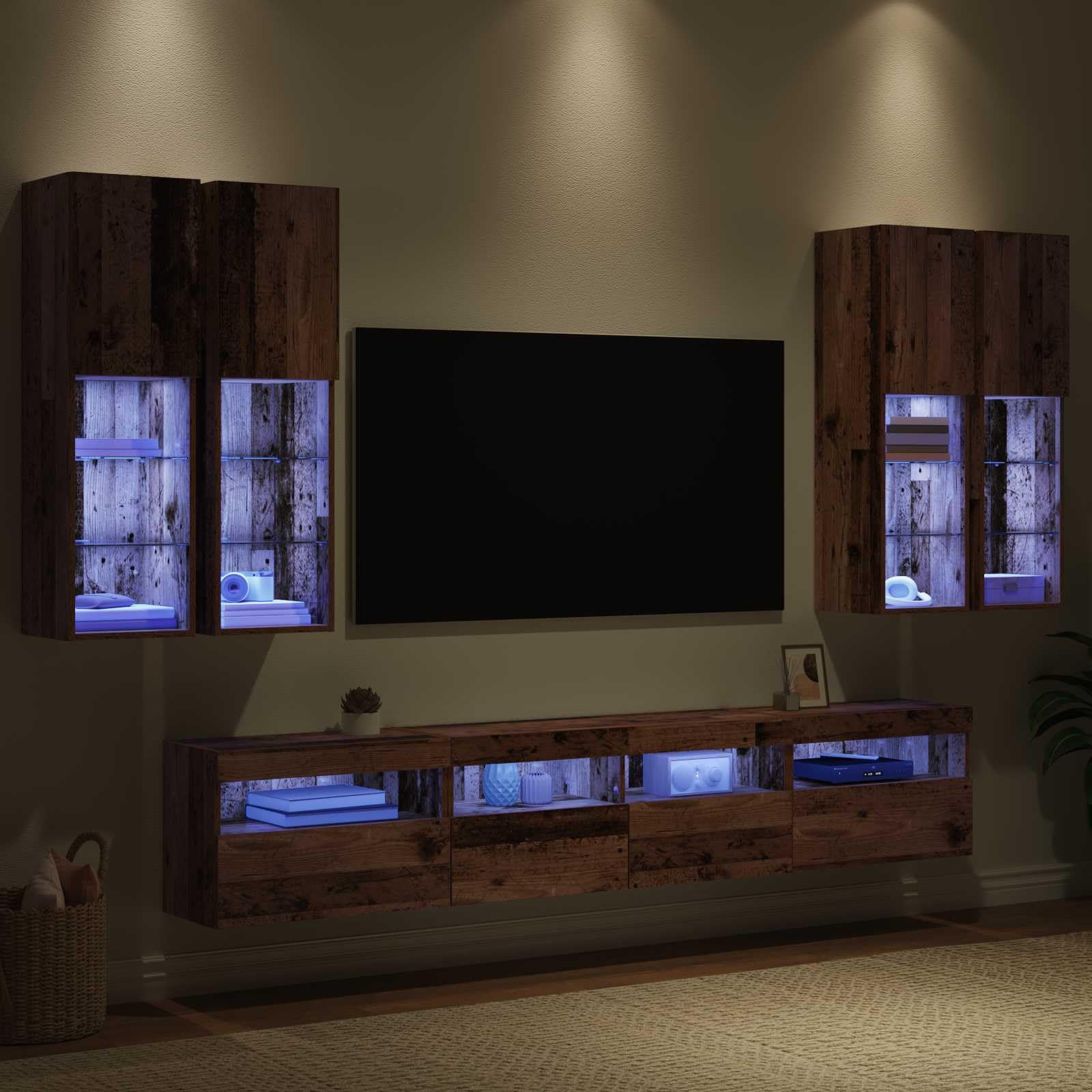 Mueble de pared para TV con luces LED, 7 piezas, aspecto de madera envejecida, 100 x 30 x 40 cm, diseño moderno para sala de estar, centro de entretenimiento