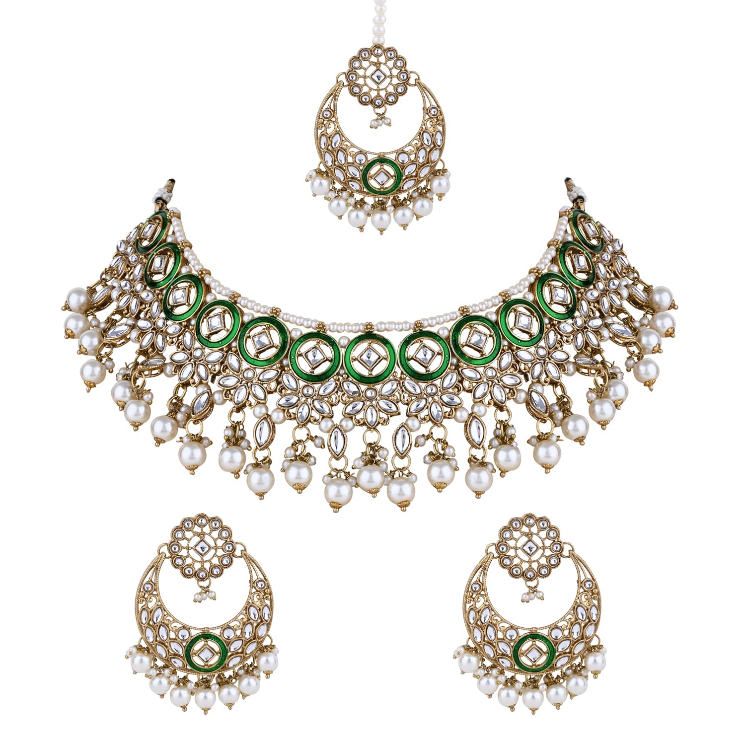 I Jewels Gold Plated Traditional Kundan & Pearl Drop Bridal Necklace With Chandbali Earrings & Maang Tikka Jewellery Set For Women (K7294WG)