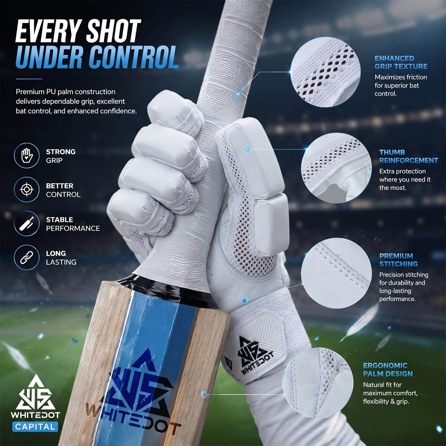 WHITEDOT Sports Capital PU Cricket Batting Gloves (White Boys/Small Right Hand) 2