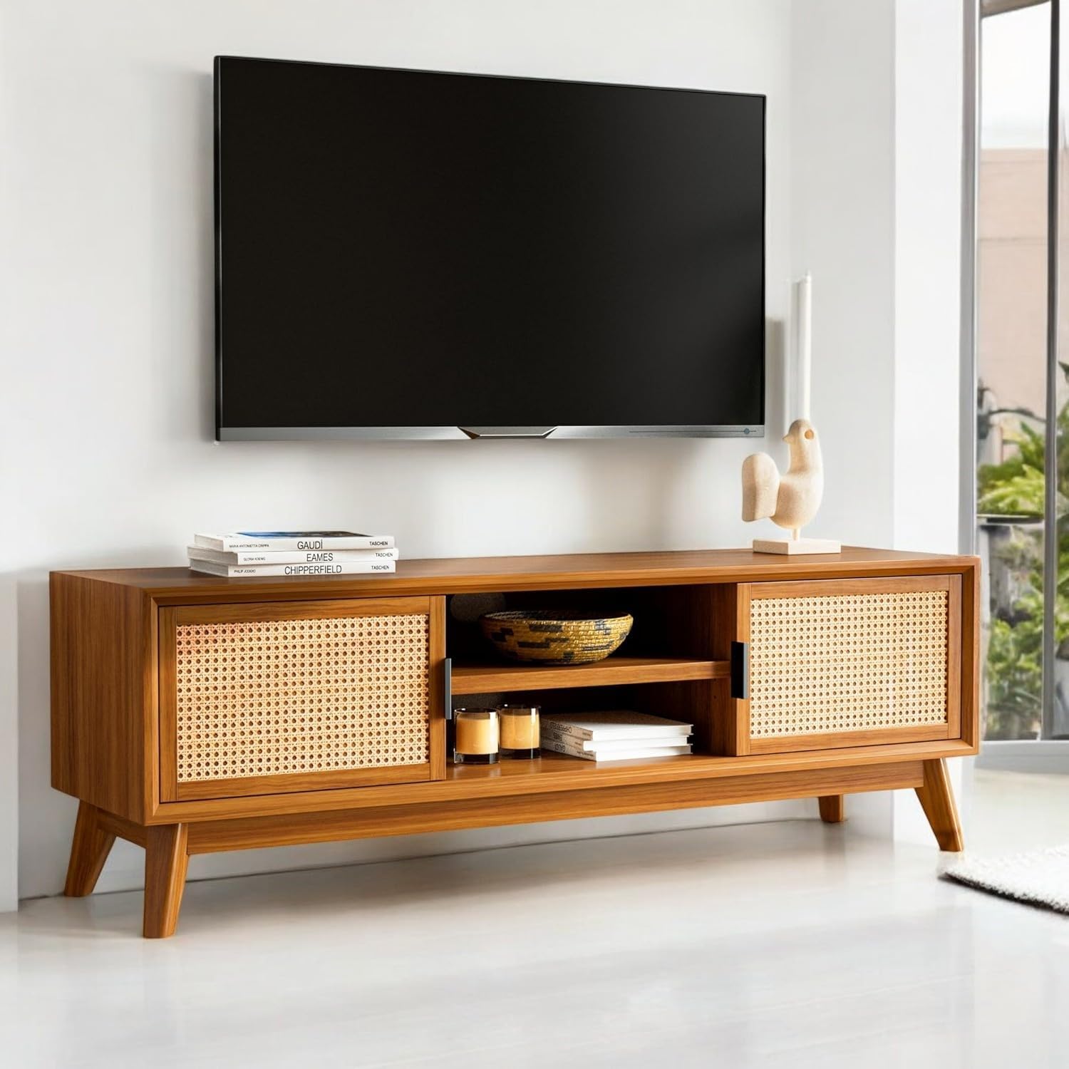 FURNSTREET FURNITUR FurniturePremium Solid Wood TV Stand,Solid Wood Rattan Cane Tv Cabinet for Living Room & Bed Room Furniture 64 x 17 x 22, Media Console (Brown Finish)-image-4