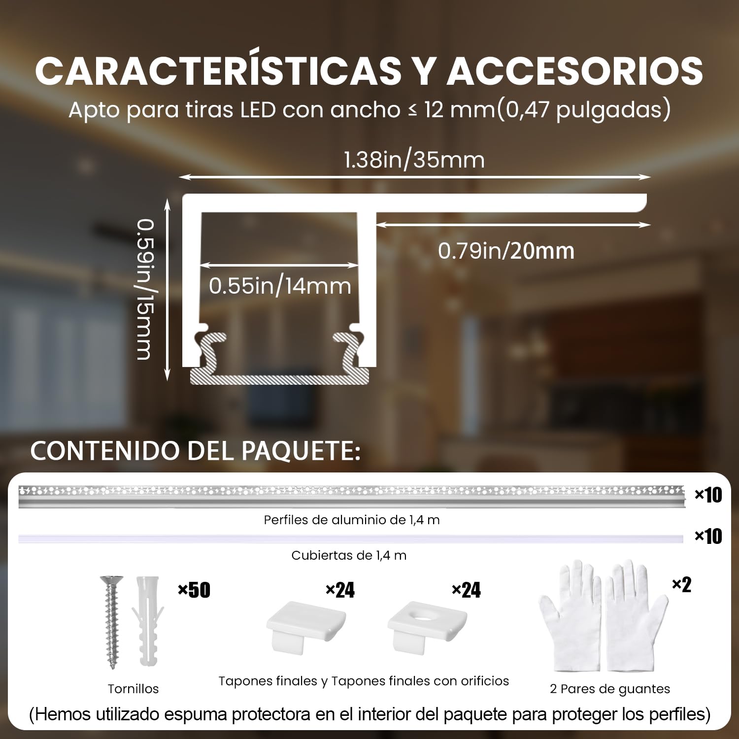10 Pack 1,4M Perfil aluminio LED placa de yeso, perfil LED empotrado sin borde azulejos, riel de aluminio placa de yeso con difusor y tapas terminales, apto para techo, pared y bordes de azulejos(14M)