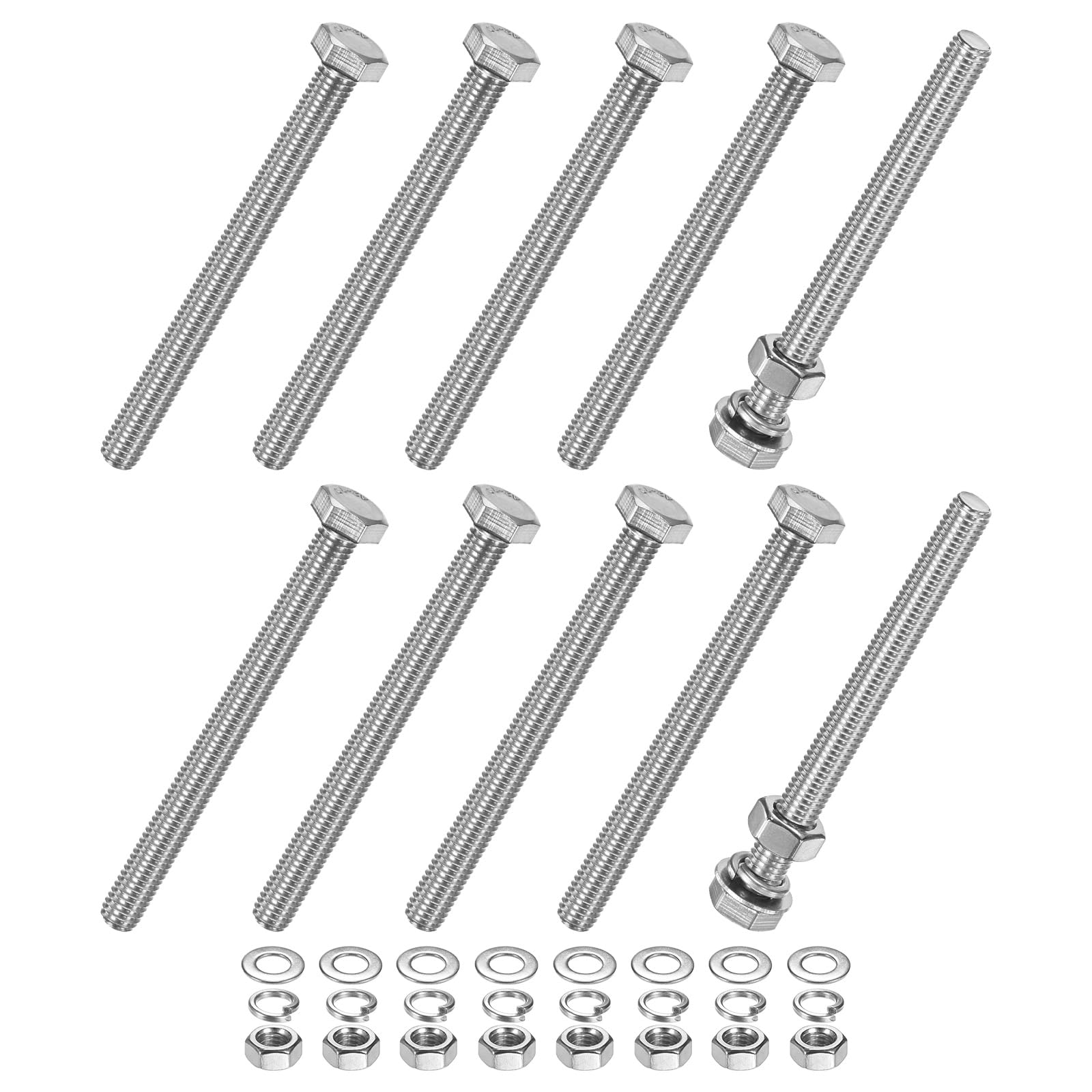 M METERXITY 10-Pack Hex Head Screw Bolt with Nuts Flat & Lock Washers M8x90mm Stainless Steel Bolts and Nuts Kit Fully Threaded Metric Bolt Assortment for Equipment/Machinery