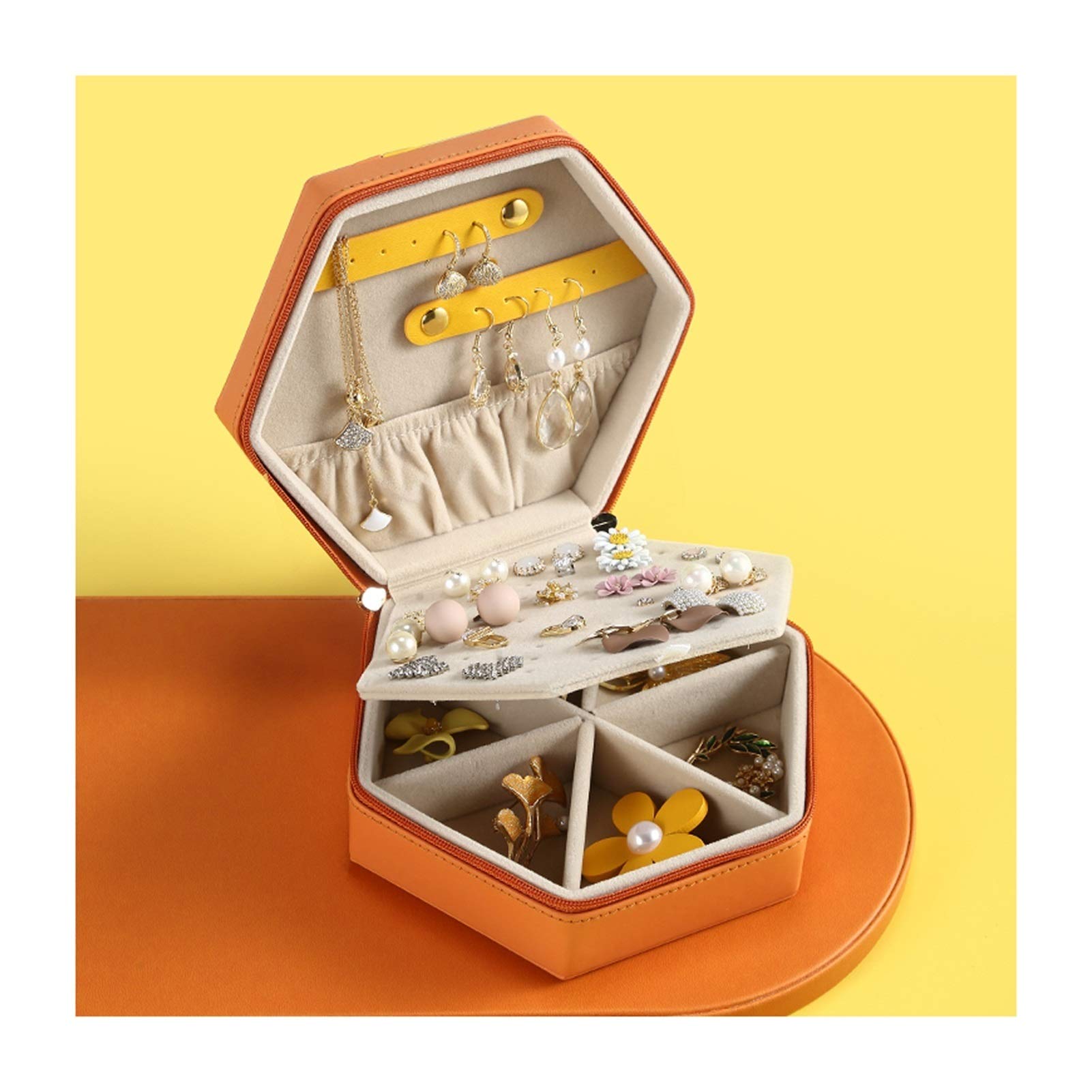 LNNSHX Pudełko z biżuterią Vintage małe pudełko na biżuterię Pomarańczowy geometryczny organizer na biżuterię PU Skórzane pudełko podróżne z biżuterią do przechowywania Ozdoba Pierścień Kolczyk