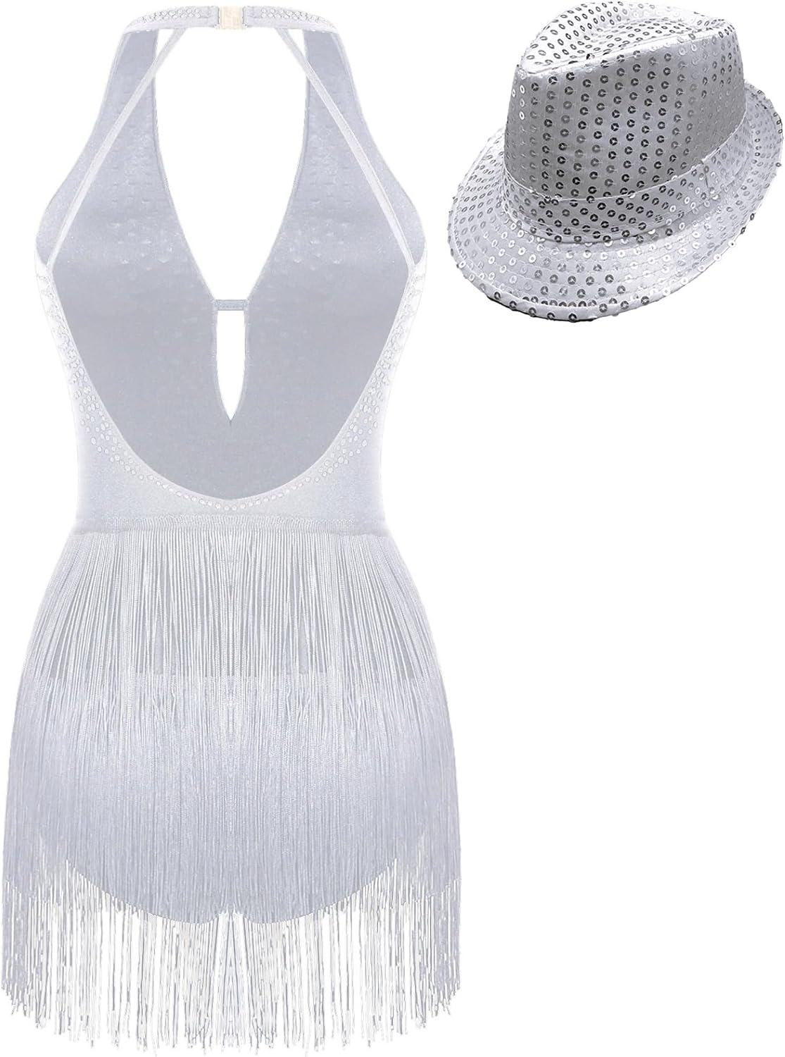 Women's Deep V Neck Halter Backless Fringe Bodysuit Tango Latin Dance Performance Dress with Sequin Hat
