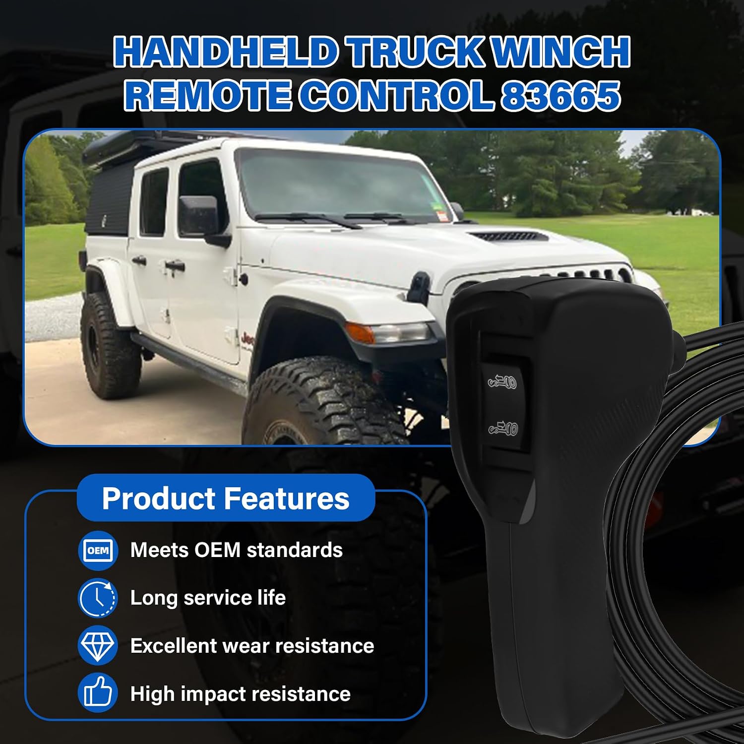 83665 Winch Remote Controller for Warn M8000 M10000 M12000 VR12000 Zeon 10S & XD9000i Winches, Winch Remote Control Hand held 5 Pin D Plug, Winch Hand Remote with Ergonomic Grip & 12Ft D-Shape Cable