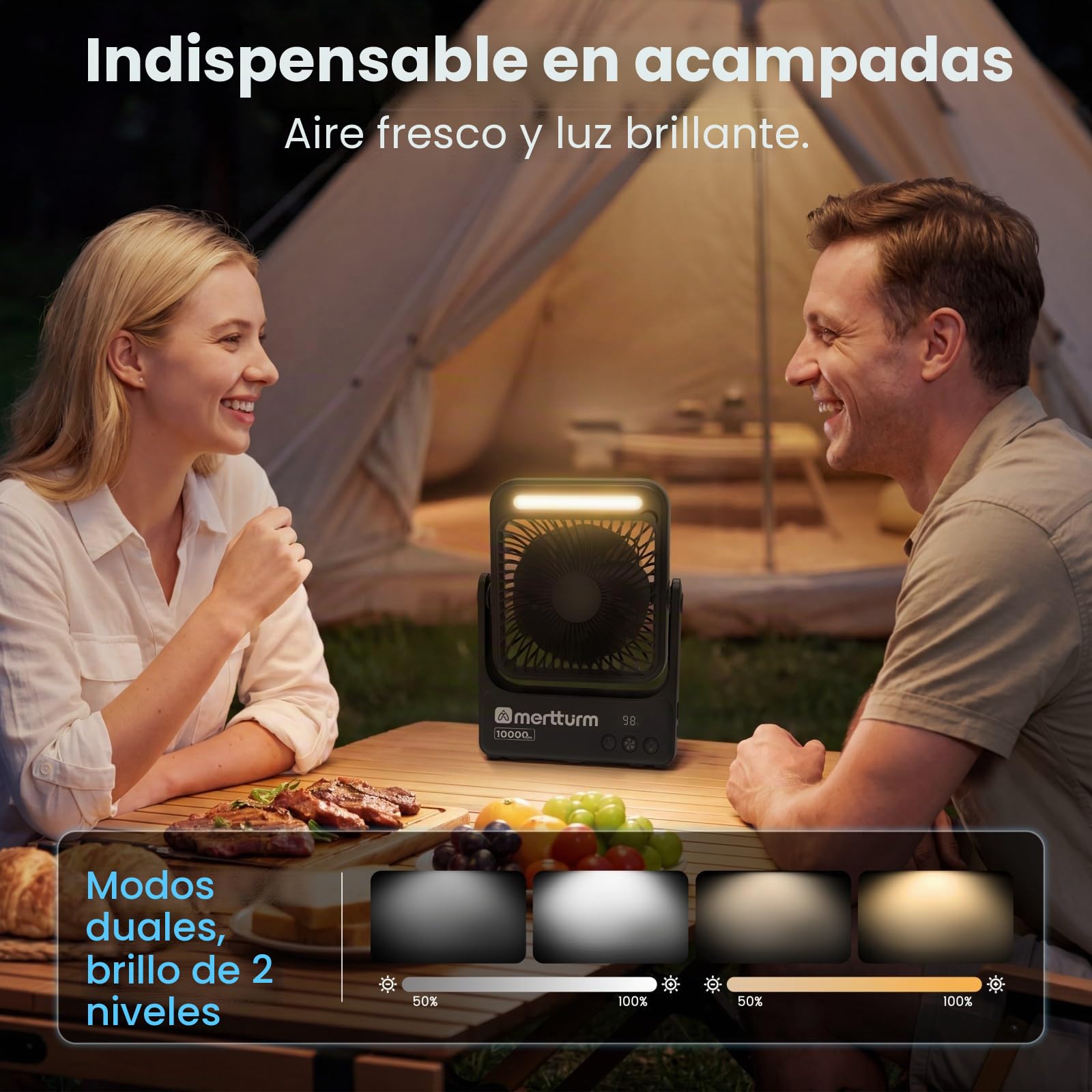 MERTTURM Ventilador Magnético de Escritorio para Crucero con Luz Nocturna, 10000mAh Recargable Portátil de Viaje con Mando a Distancia, 4 Velocidades, Temporizador, Gancho, para Acampar/Crucero/Golf