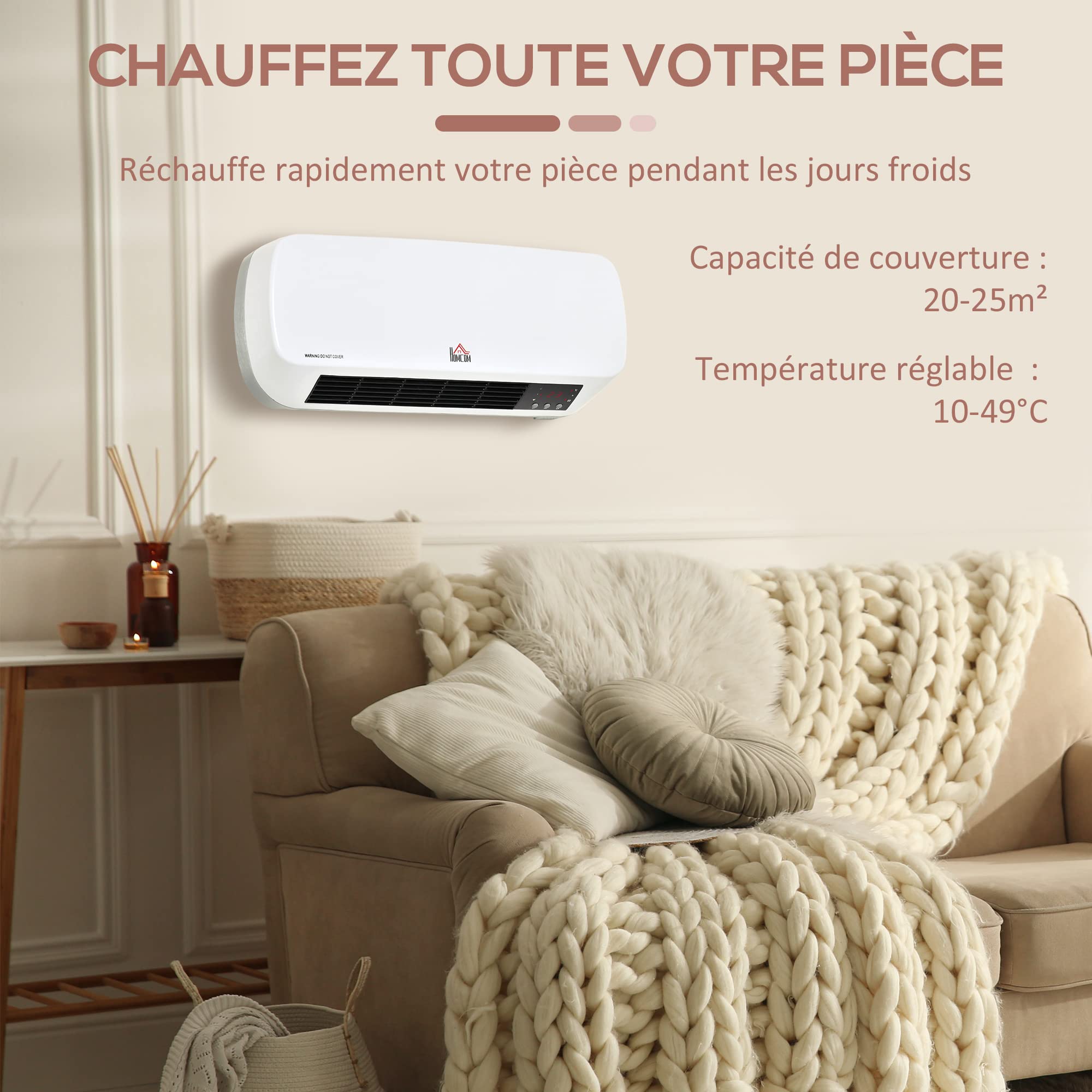 HOMCOM Radiateur mural soufflant 2000 W - chauffage céramique PTC - 3 niveaux de puissance - télécommande incluse blanc noir