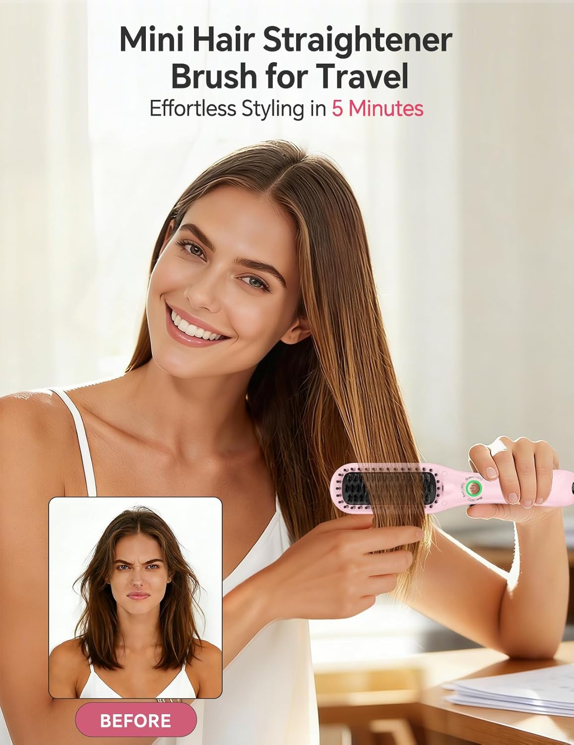 LANDOT Mini Hair Straightening Brush - Compact Ionic Straightening Brush for Frizz-Free Smooth Hair, Lightweight Hot Comb & Travel-Friendly Flat Iron, Blush