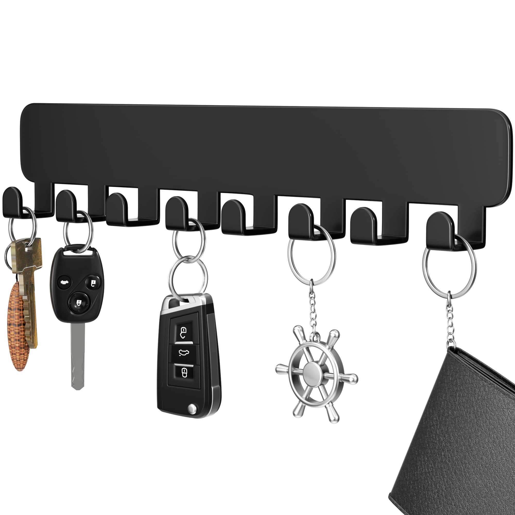 pickpiff Key Holder for Wall Self Adhesive, Key Hooks with 8 Hooks Wall Mounted, Black Key Hangers No Drill for Living Room, Kitchen, Office