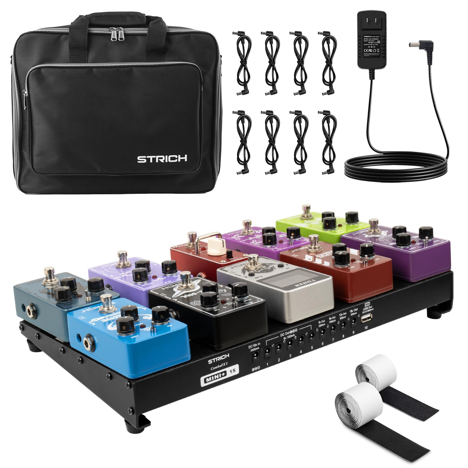 STRICH Pedal Board with Built-in Power Supply, Guitar Pedalboard 15" x 7.8" Lightweight 2.17lb Aluminum Alloy with Pedal Cables, Bag, Hook Loop Strips MINI+ 15