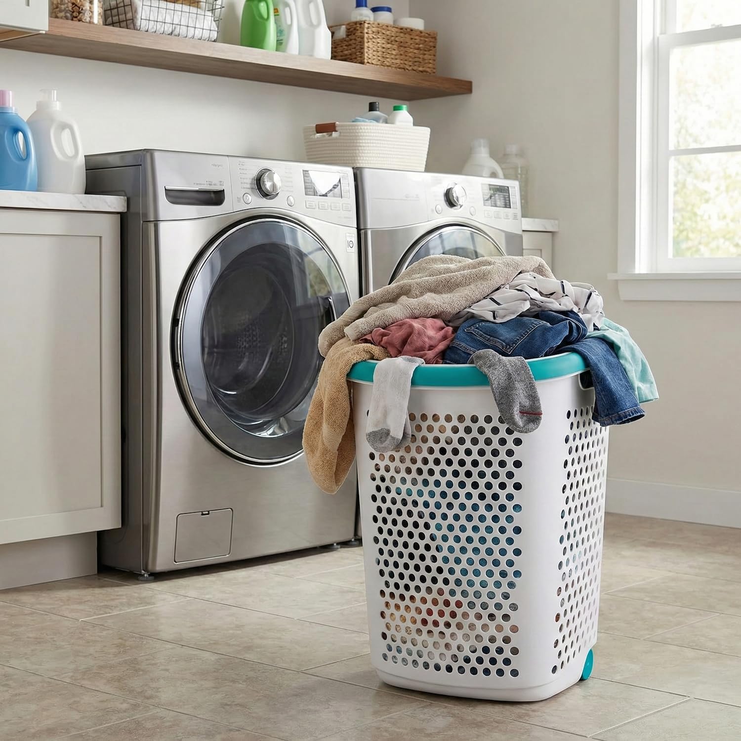 Wheeled Design Clothes Laundry Basket, White Large Capacity Hamper with Pop-up Handle Design 70.52 Liter Capacity Ventilated, Easy to Clean for Families, Dormitories, Laundry Rooms and Apartment Etc