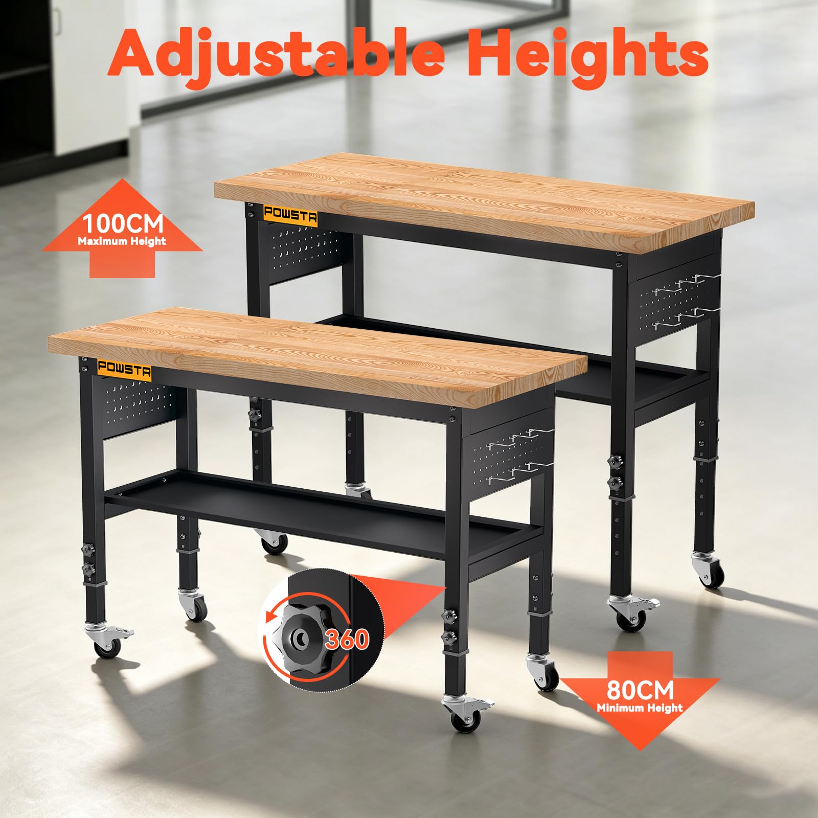 120cm Höhenverstellbare mobile Werkbank aus Gummibaumholz, 900 kg Tragfähigkeit, zweistufig mit schwenkbaren Rollen, Lochwand und 6 Haken, als Arbeitstisch für Garage, Werkstatt, Büro, Haus & Gewerbe