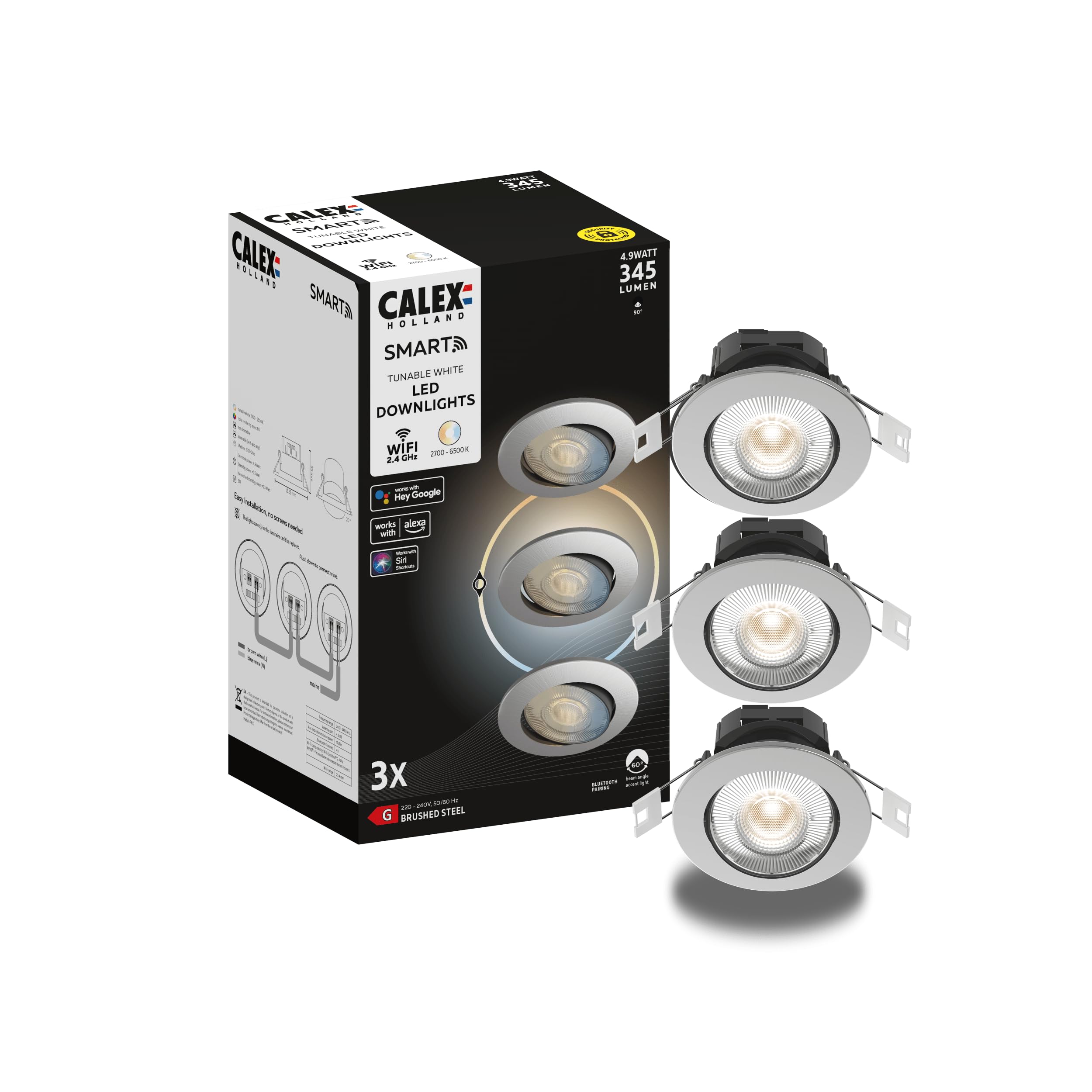 CALEX - Smart LED Downlight Grey, 3-Pack, WiFi Recessed Ceiling Spot Light, CCT, App and Works with Amazon Alexa and Google Home, Dimmable, 5W