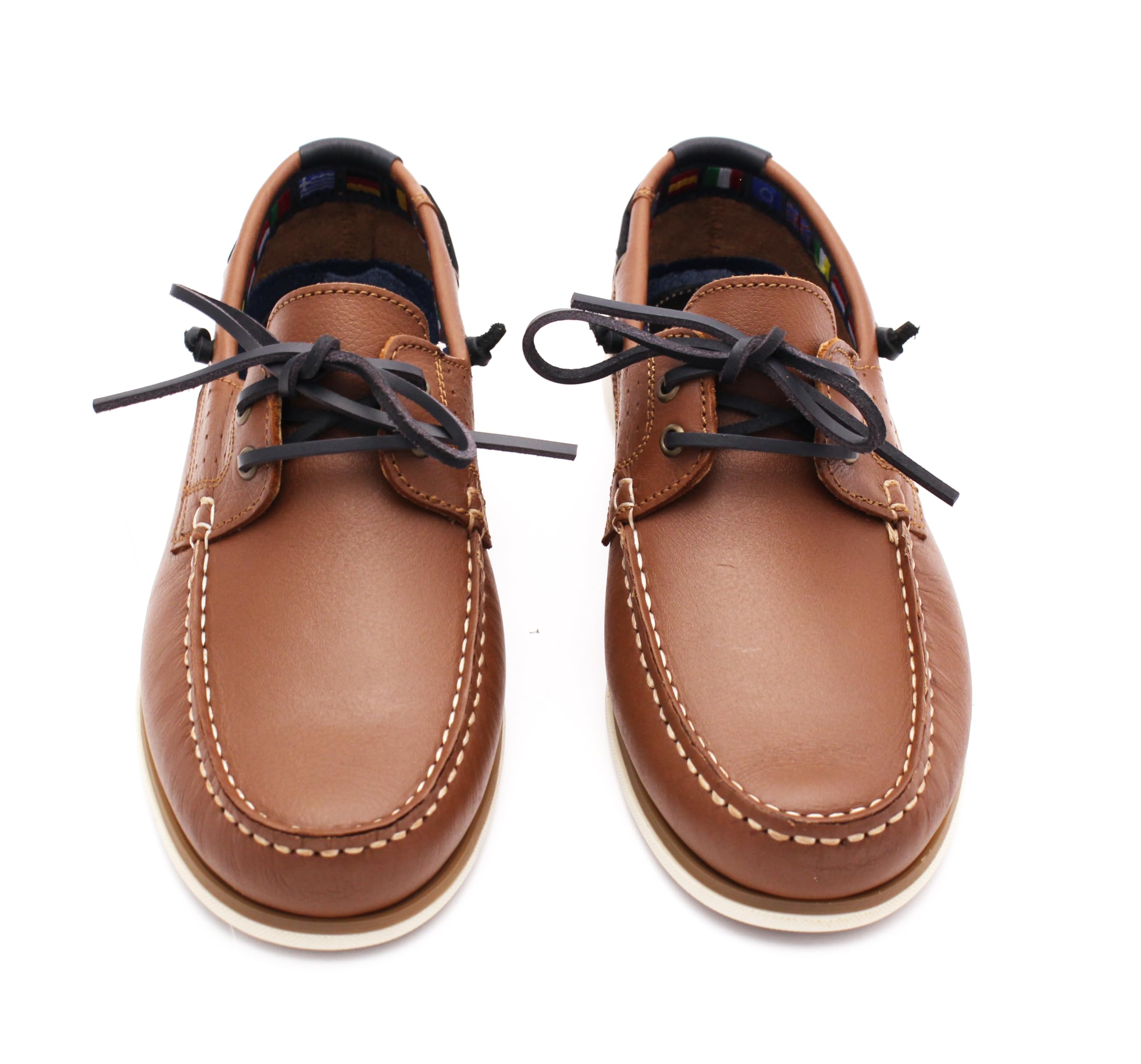Chaussures bateau en cuir véritable pour homme Mocassins plats avec lacets en cuir en bleu foncé et marron 2 Eye Boat Shoes