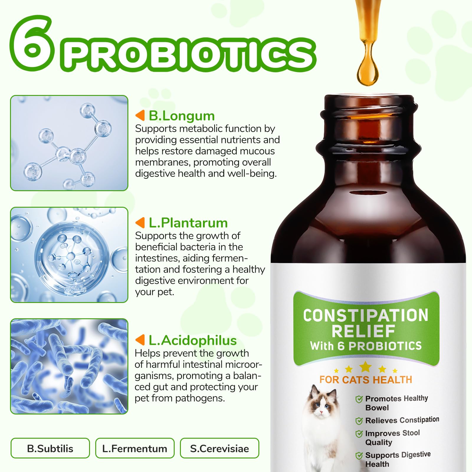 Alivio del Estreñimiento para Gatos, 60ml Tratamiento del estreñimiento para Gatos, laxante para Gatos con 6 Suplementos probióticos, promueve la Salud intestinal del