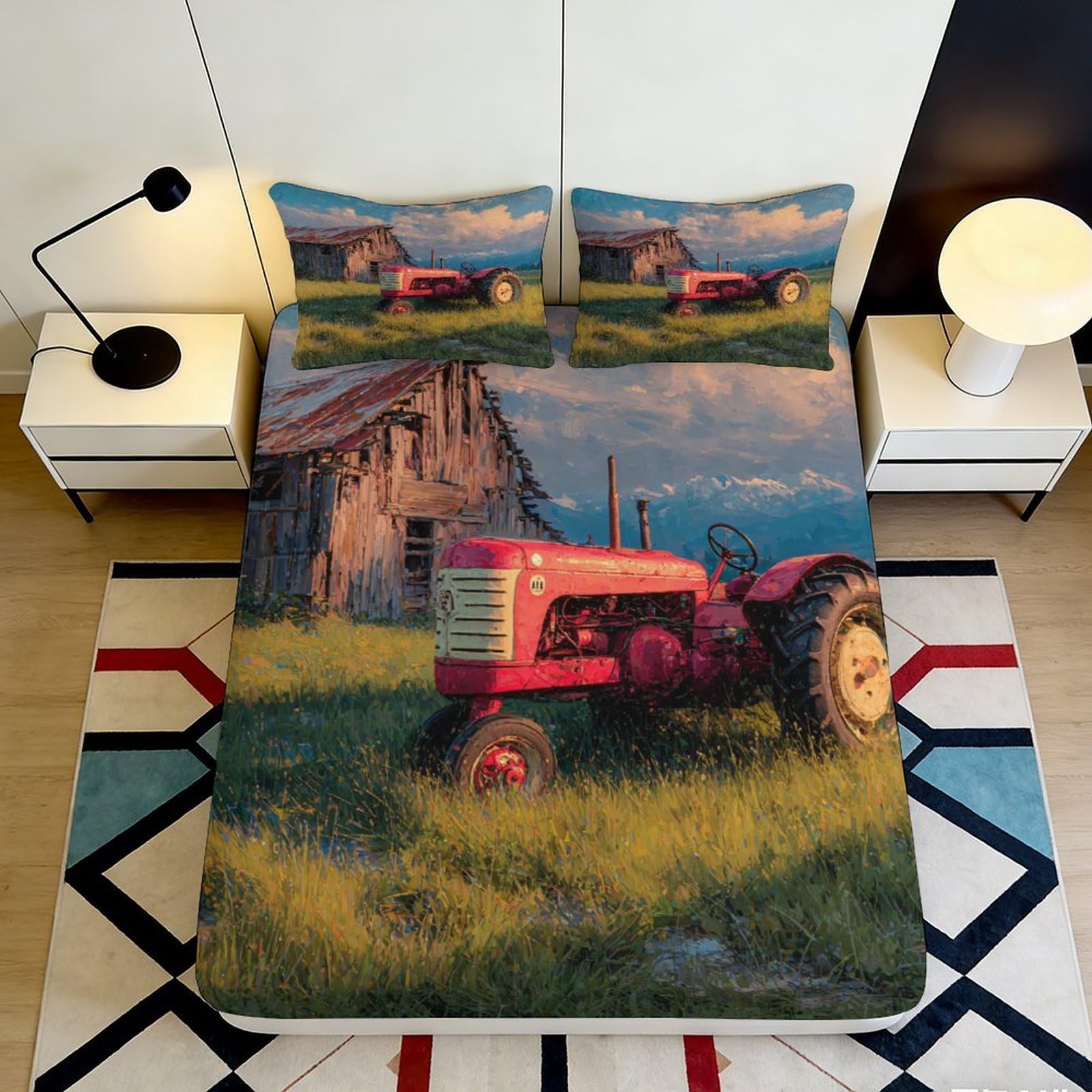 Dhbaneiok Style-5 3D Printed Red Tractor Countryside Fitted Sheet Microfiber Soft Bed Cover Farm Barn For Bedroom Guest Room Décor 90X200x25cm