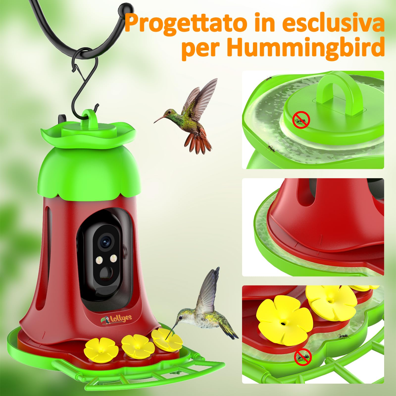Mangiatoia Per Colibrì Con Fotocamera Solare 1080p E AI - Riconoscimento Uccelli, Visione Notturna E Notifiche