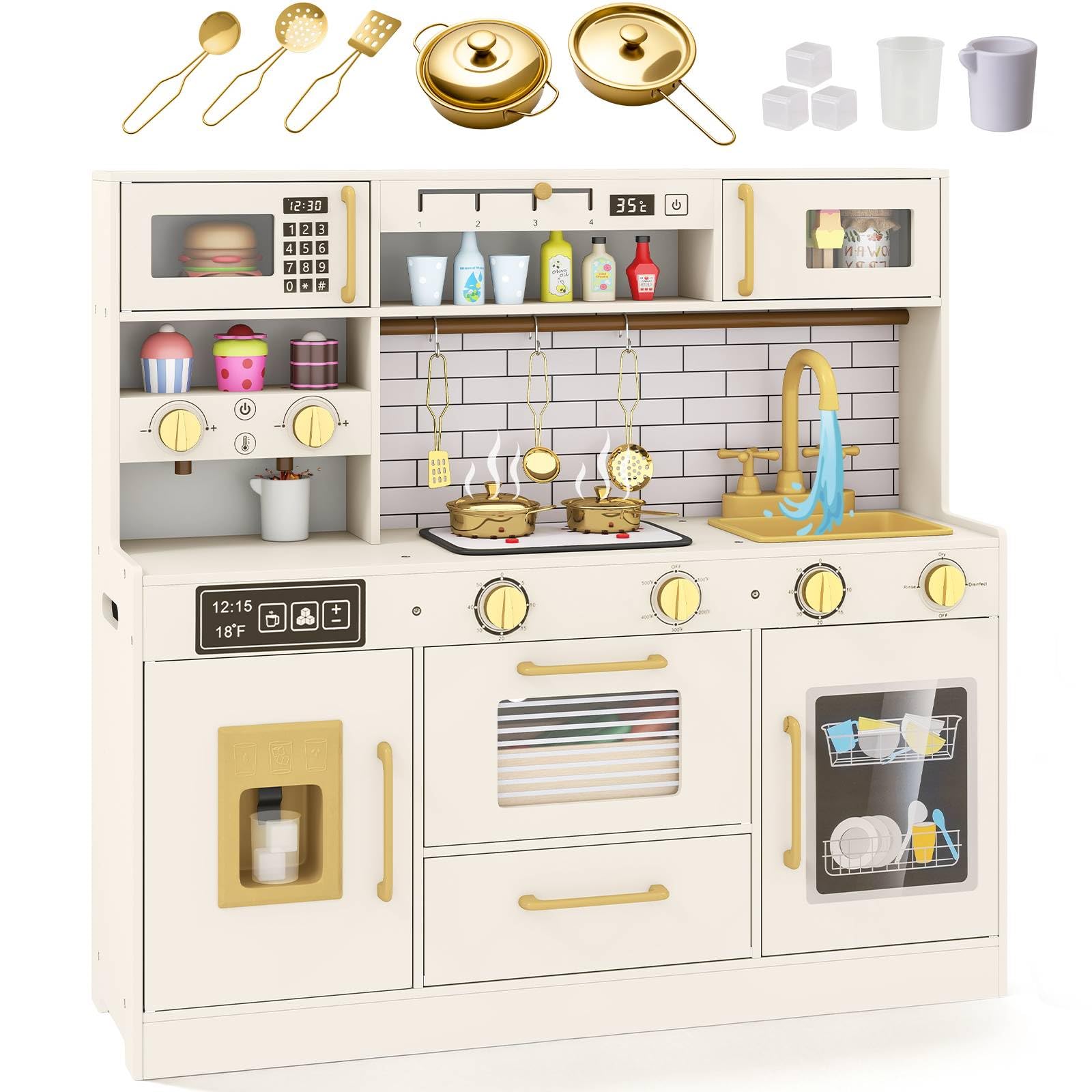 GYMAX Kids Toy Kitchen, Children Play Kitchen with Realistic Lights, Sounds, Range Hood, Ice Dispenser and Dishwasher, Wooden Cooking Role Playset for 3+ Years Old